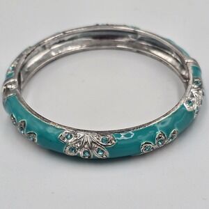 Aqua Blue Flower Rhinestone Bangle Bracelet Silver Tone Hinged Cuff Jewelry